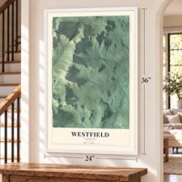 Westfield, Vermont map, 24 x 36 inch print in a white frame by a staircase