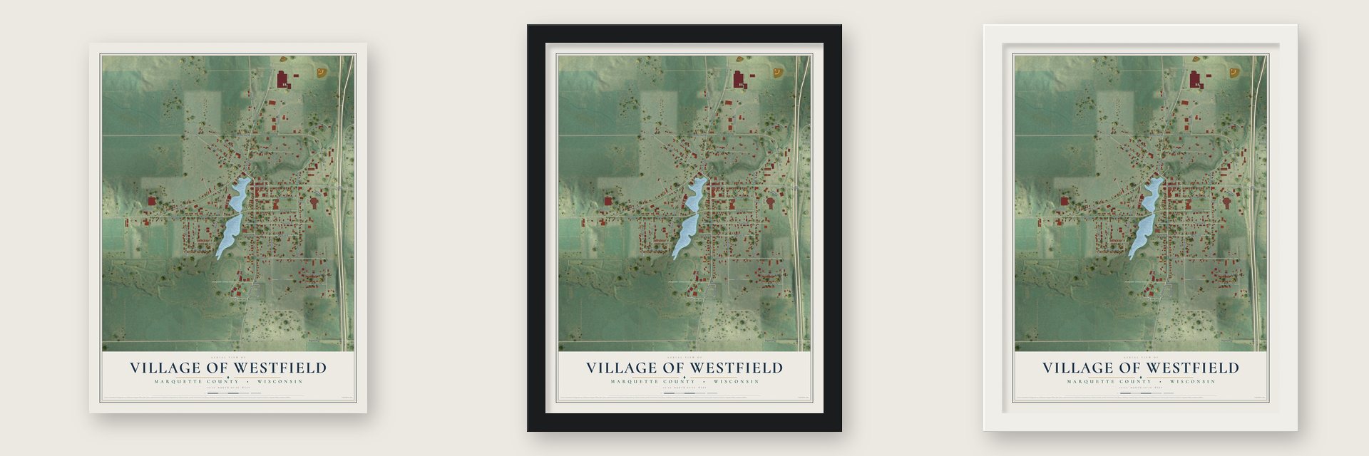 Westfield, Wisconsin map unframed, in a black wood frame and in a white wood frame