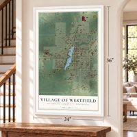 Westfield, Wisconsin map, 24 x 36 inch print in a white frame by a staircase
