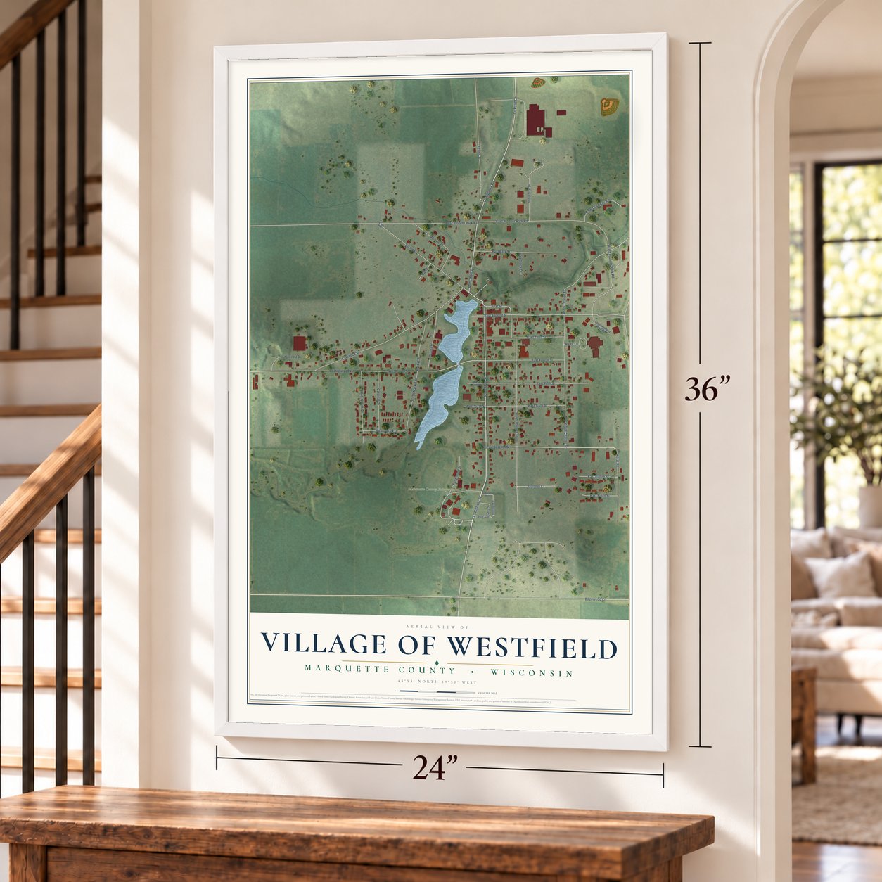 Westfield, Wisconsin map, 24 x 36 inch print in a white frame by a staircase