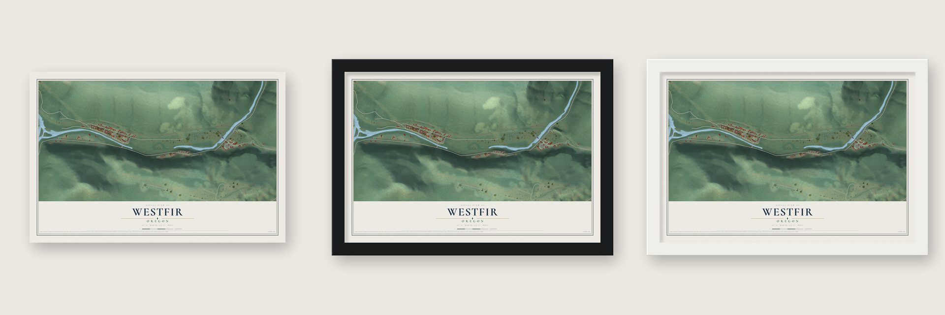 Westfir, Oregon map unframed, in a black wood frame and in a white wood frame