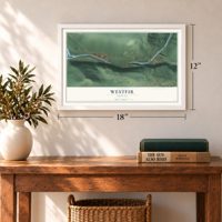 Westfir, Oregon map, 12 x 18 inch print in a white frame in an entryway