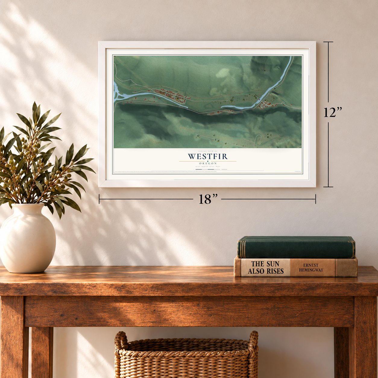 Westfir, Oregon map, 12 x 18 inch print in a white frame in an entryway