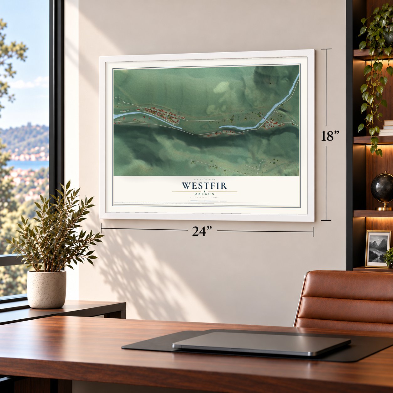 Westfir, Oregon map, 18 x 24 inch print in a white frame in a home office
