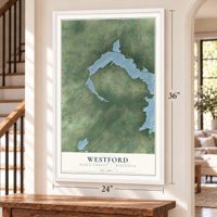 Westford, Dodge County, Wisconsin map, 24 x 36 inch print in a white frame by a staircase
