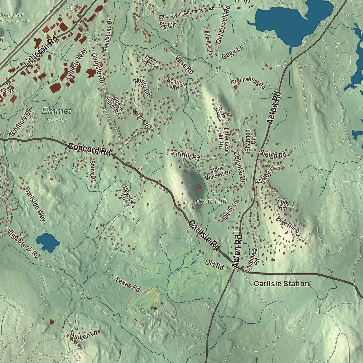 Close-up of the map of Westford, Massachusetts print showing terrain and local geography