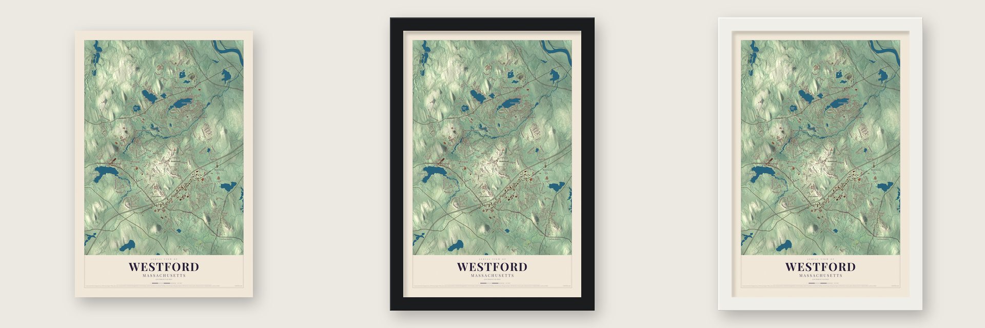 Westford, Massachusetts map unframed, in a black wood frame and in a white wood frame