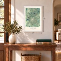 Westford, Massachusetts map, 12 x 18 inch print in a white frame in an entryway