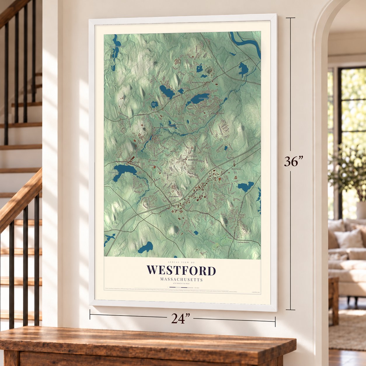 Westford, Massachusetts map, 24 x 36 inch print in a white frame by a staircase