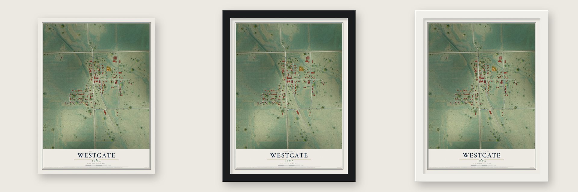 Westgate, Iowa map unframed, in a black wood frame and in a white wood frame
