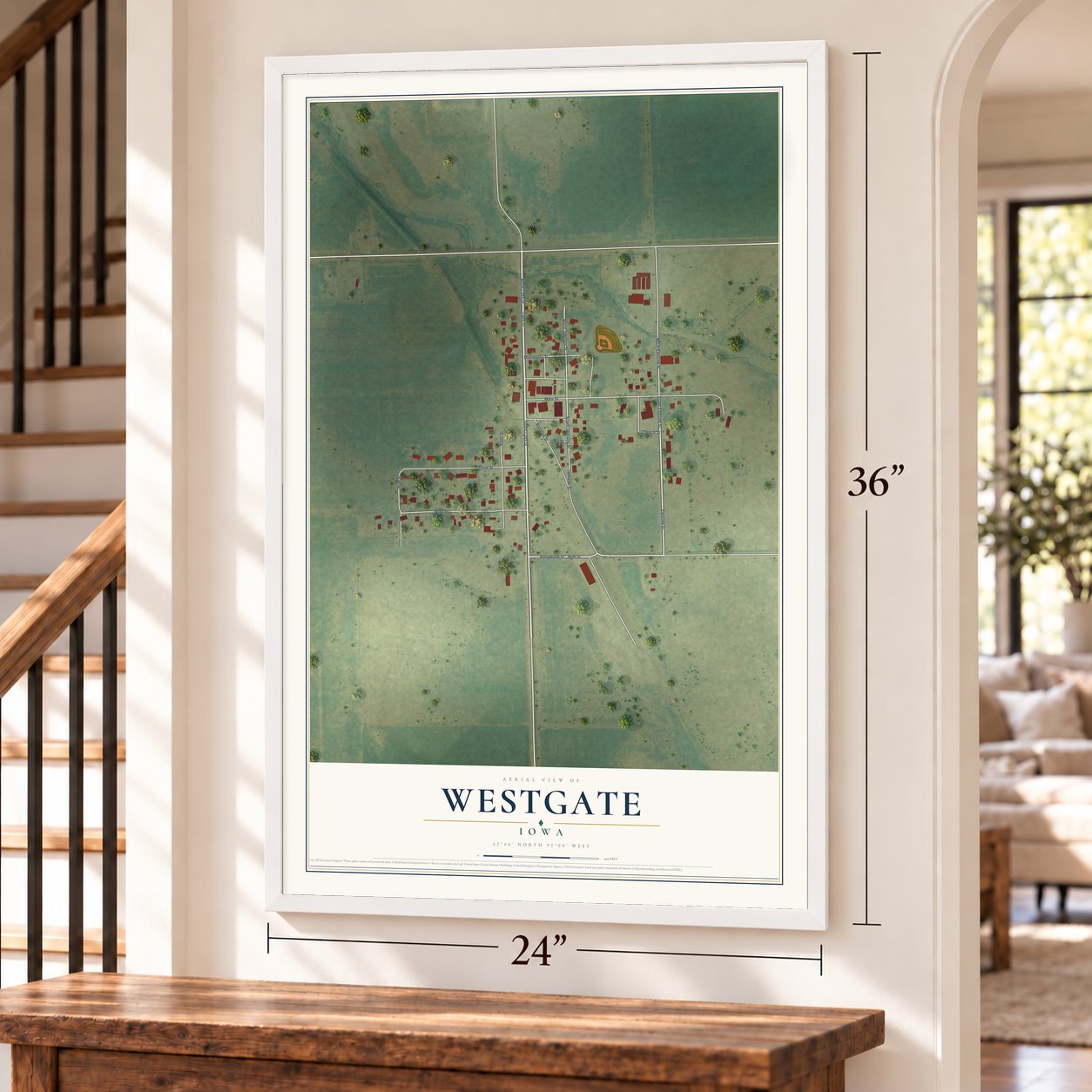 Westgate, Iowa map, 24 x 36 inch print in a white frame by a staircase