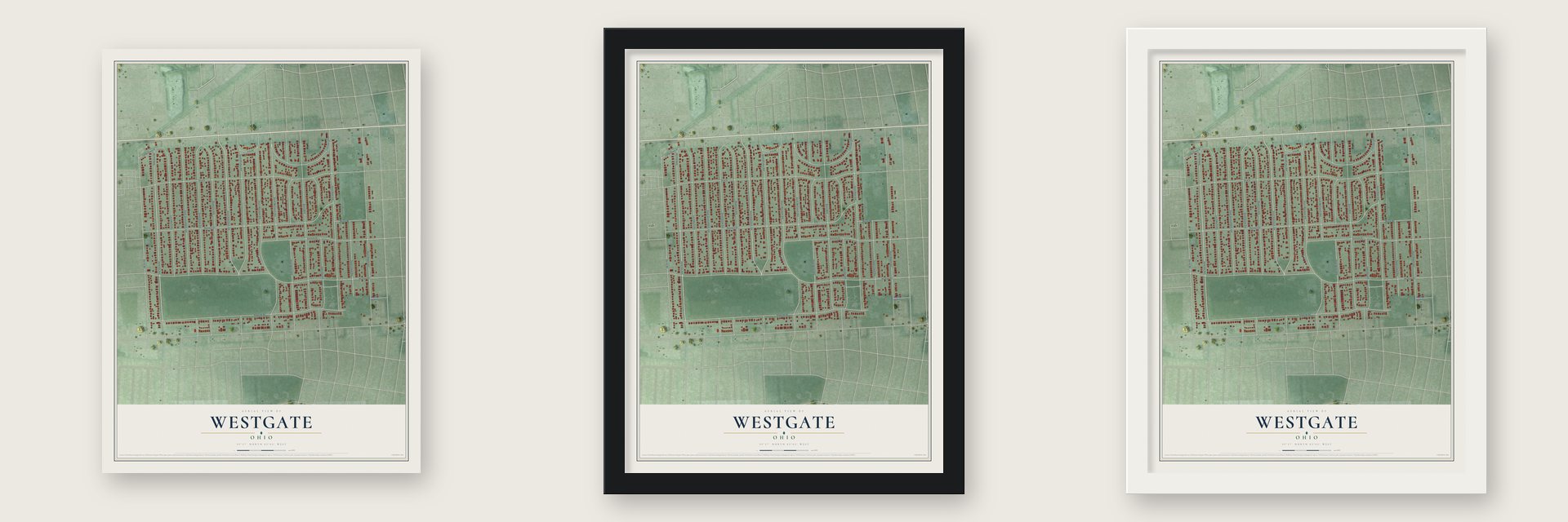 Westgate, Ohio map unframed, in a black wood frame and in a white wood frame