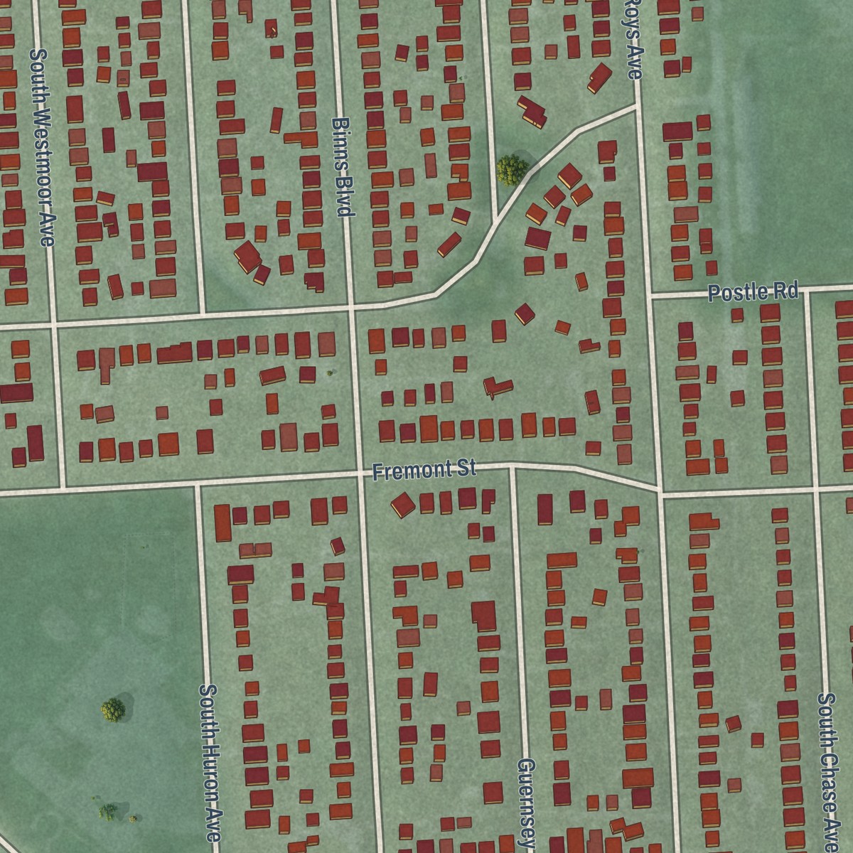 Second close-up of the map of Westgate, Ohio print showing more streets and buildings