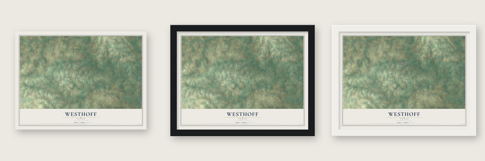 Westhoff, Texas map unframed, in a black wood frame and in a white wood frame