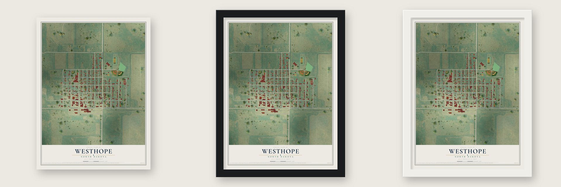 Westhope, North Dakota map unframed, in a black wood frame and in a white wood frame