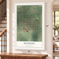 Westhope, North Dakota map, 24 x 36 inch print in a white frame by a staircase