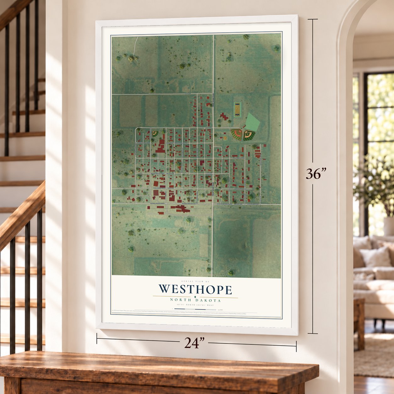 Westhope, North Dakota map, 24 x 36 inch print in a white frame by a staircase