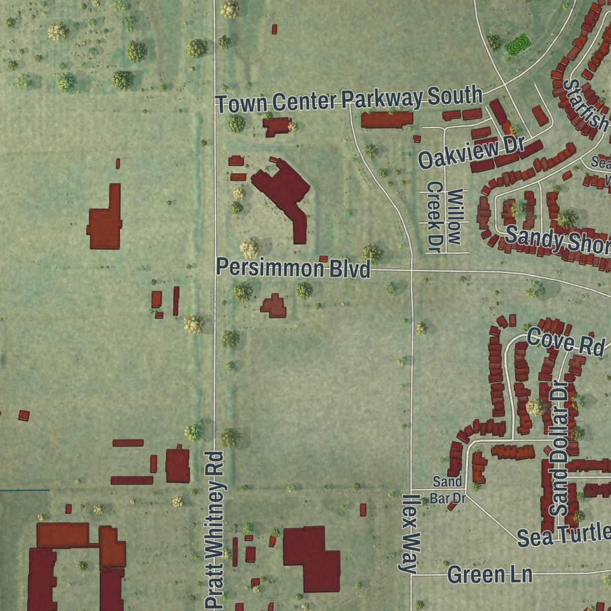 Second close-up of the map of Westlake, Florida print showing more streets and buildings