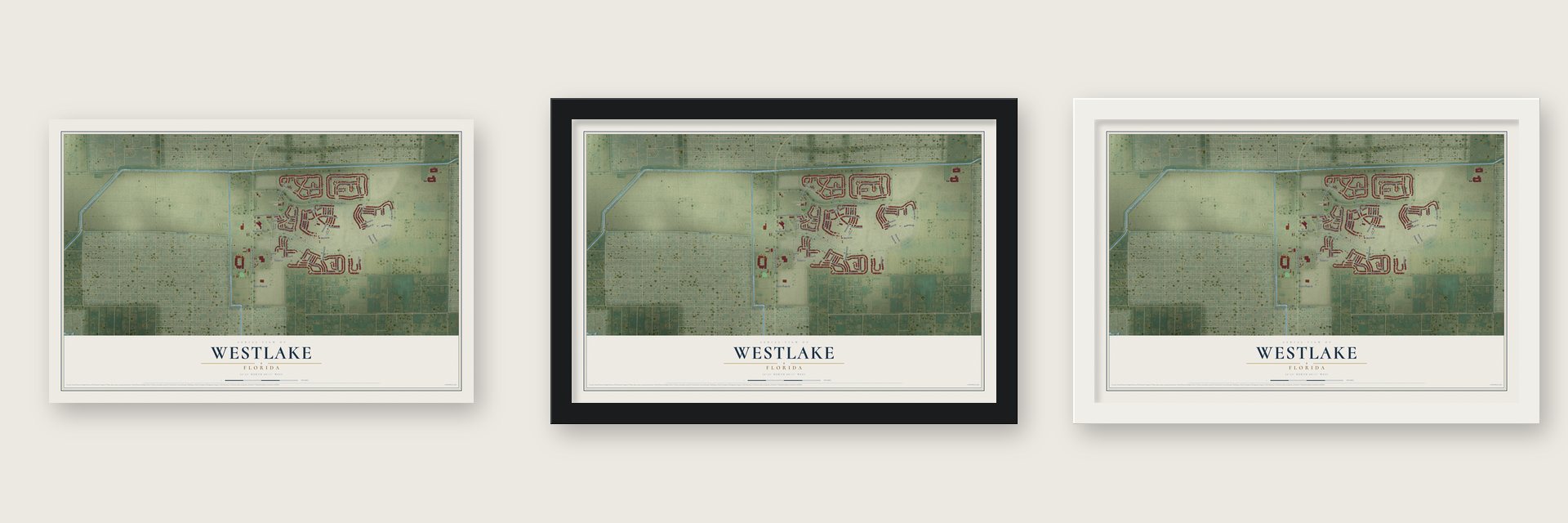 Westlake, Florida map unframed, in a black wood frame and in a white wood frame