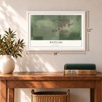 Westlake, Florida map, 12 x 18 inch print in a white frame in an entryway