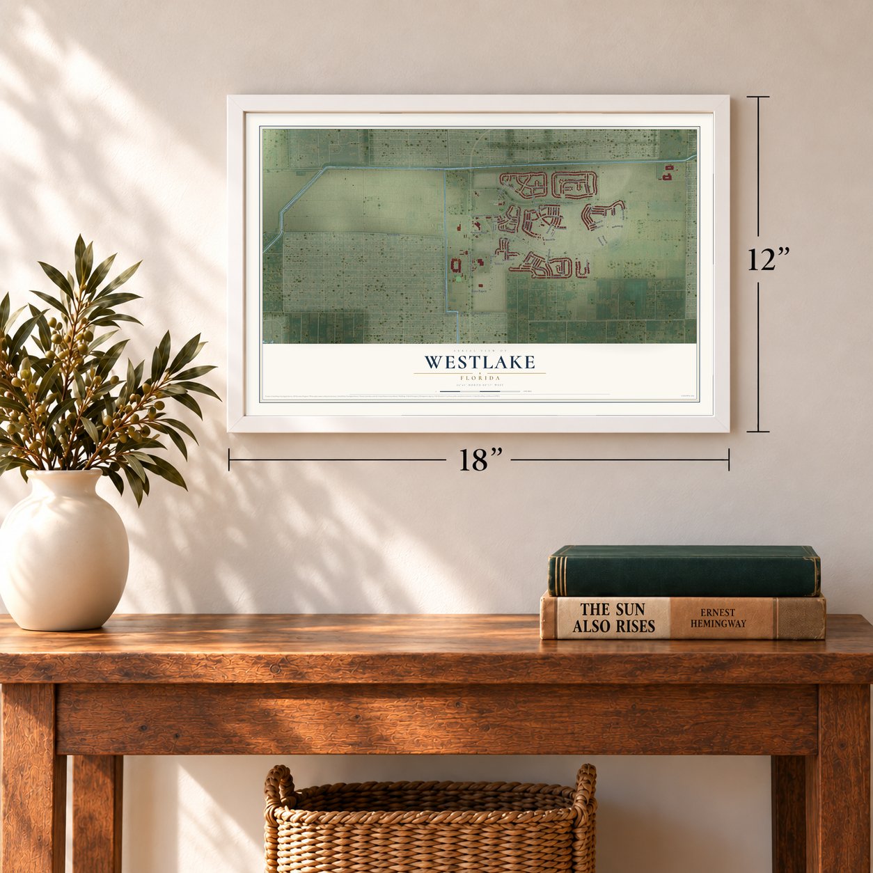 Westlake, Florida map, 12 x 18 inch print in a white frame in an entryway