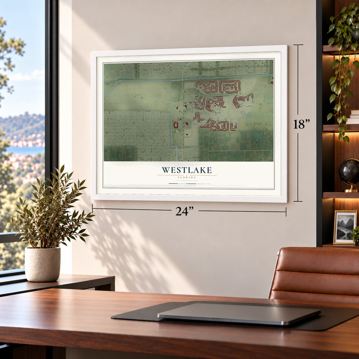 Westlake, Florida map, 18 x 24 inch print in a white frame in a home office