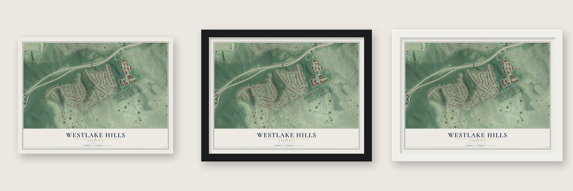 Westlake Hills, Virginia map unframed, in a black wood frame and in a white wood frame