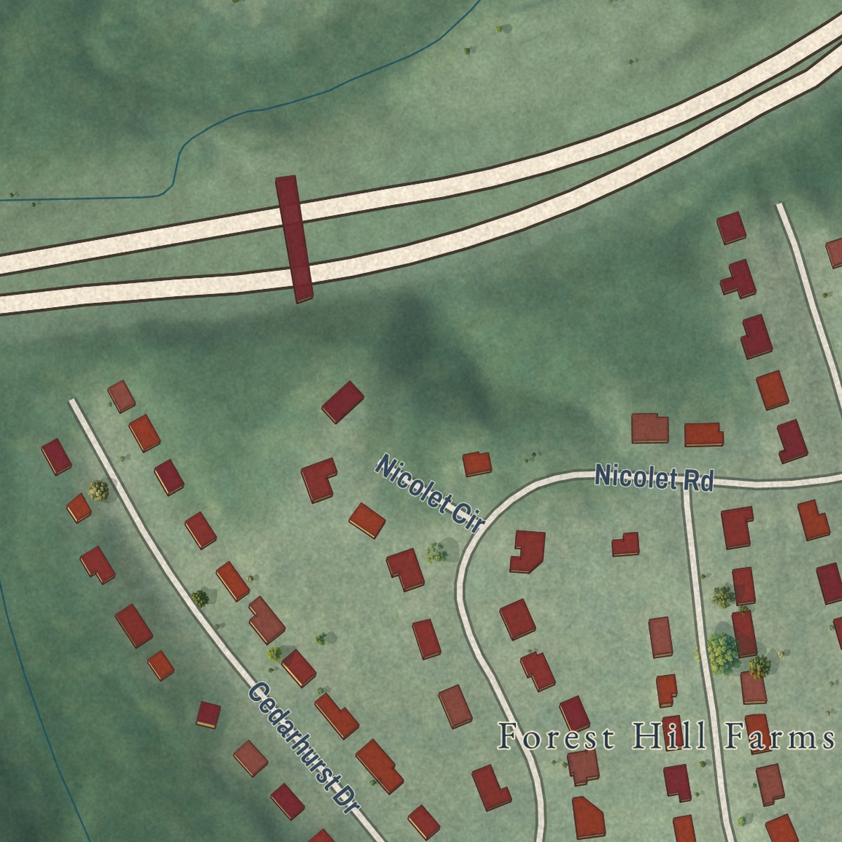 Second close-up of the map of Westlake Hills, Virginia print showing more streets and buildings