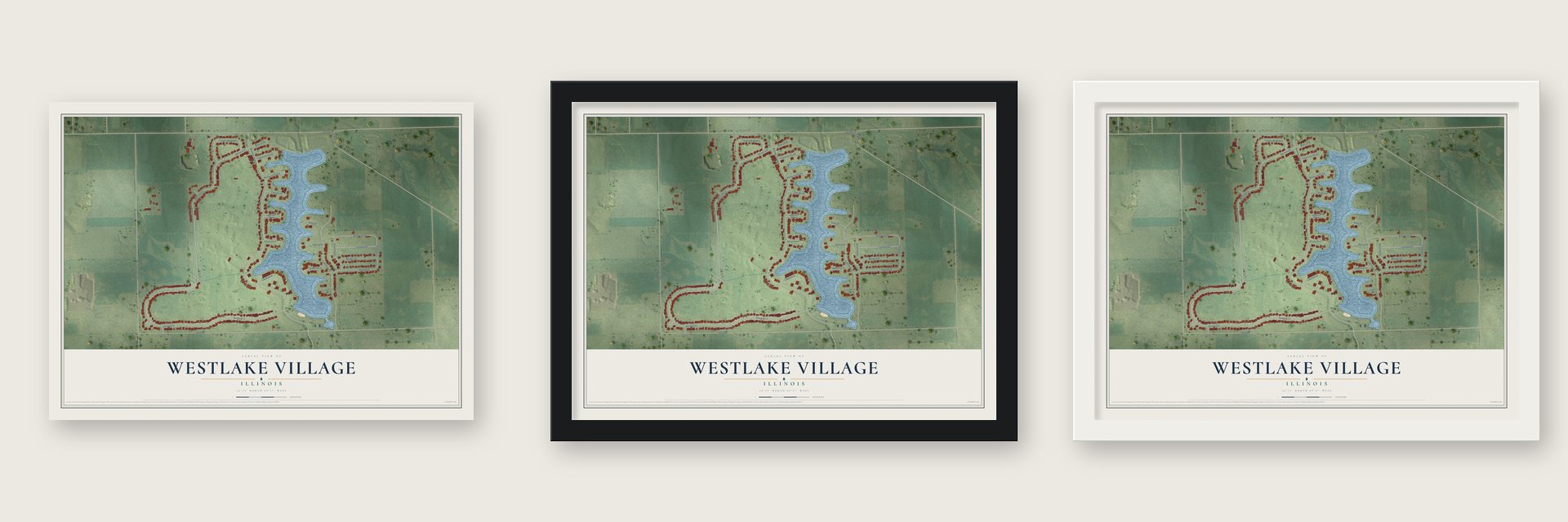 Westlake Village, Illinois map unframed, in a black wood frame and in a white wood frame