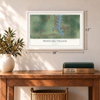 Westlake Village, Illinois map, 12 x 18 inch print in a white frame in an entryway