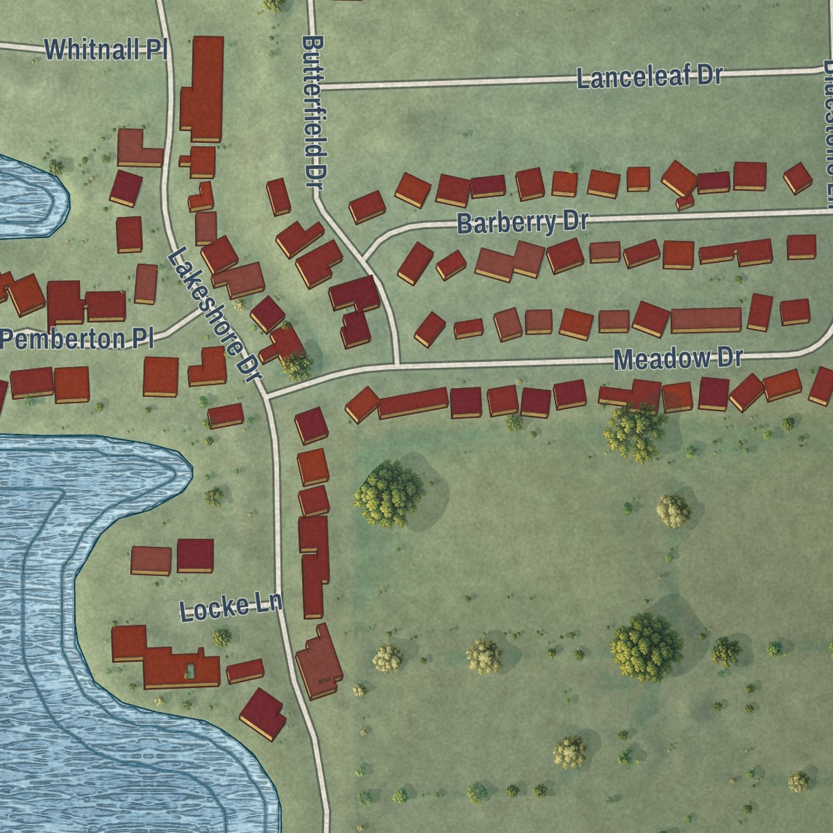 Second close-up of the map of Westlake Village, Illinois print showing more streets and buildings