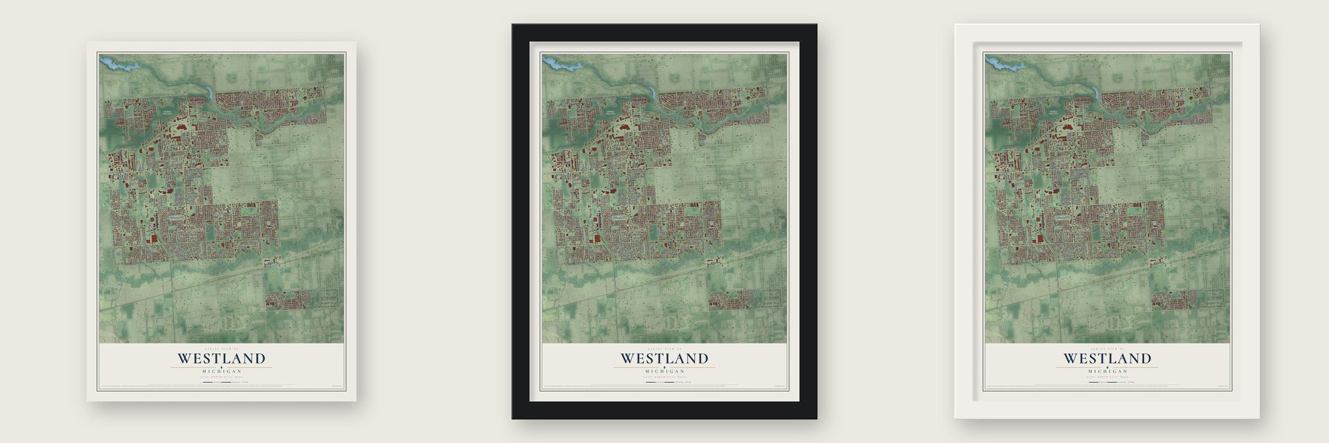 Westland, Michigan map unframed, in a black wood frame and in a white wood frame