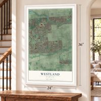 Westland, Michigan map, 24 x 36 inch print in a white frame by a staircase