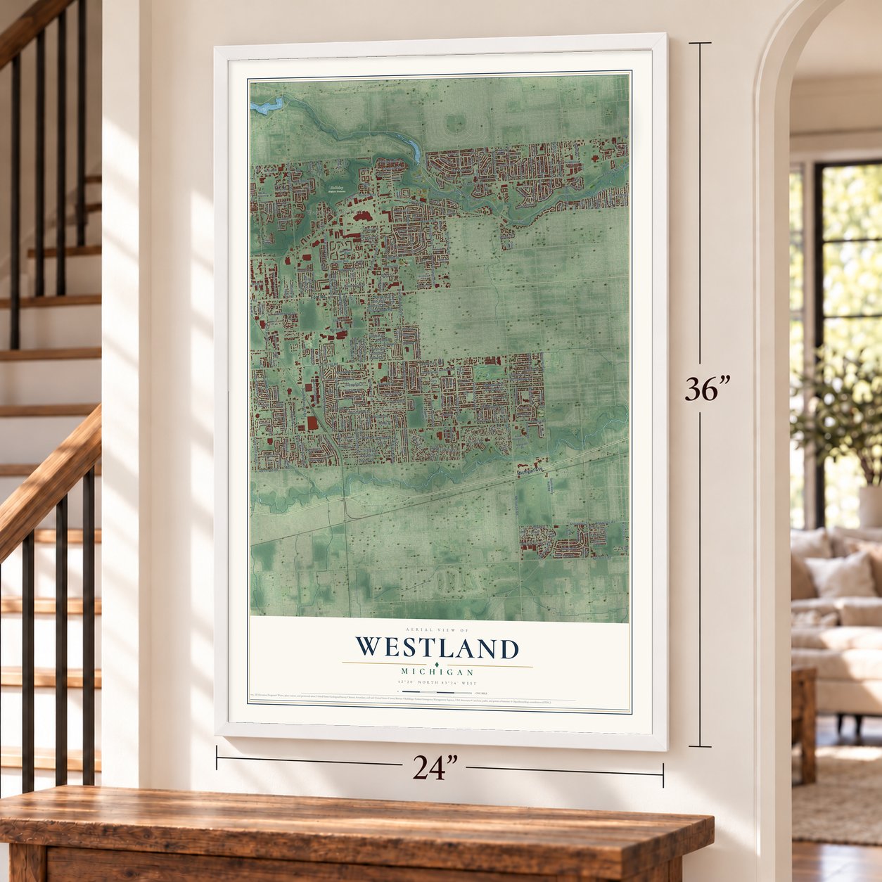 Westland, Michigan map, 24 x 36 inch print in a white frame by a staircase