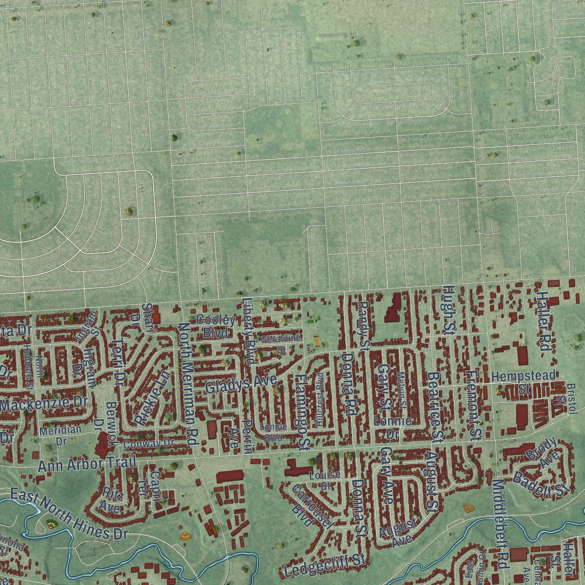 Second close-up of the map of Westland, Michigan print showing more streets and buildings