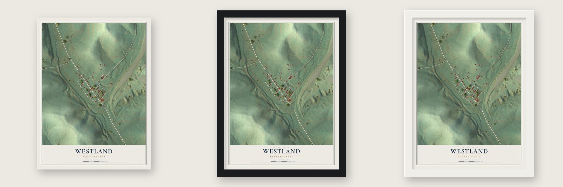 Westland, Pennsylvania map unframed, in a black wood frame and in a white wood frame