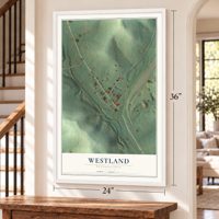 Westland, Pennsylvania map, 24 x 36 inch print in a white frame by a staircase