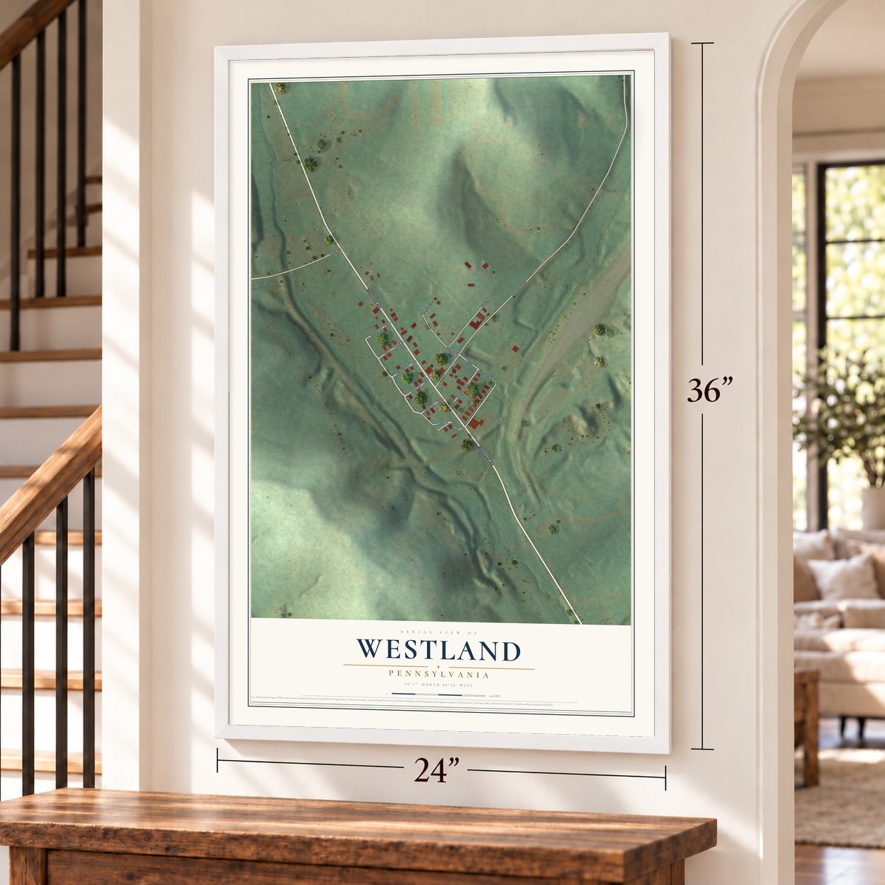 Westland, Pennsylvania map, 24 x 36 inch print in a white frame by a staircase