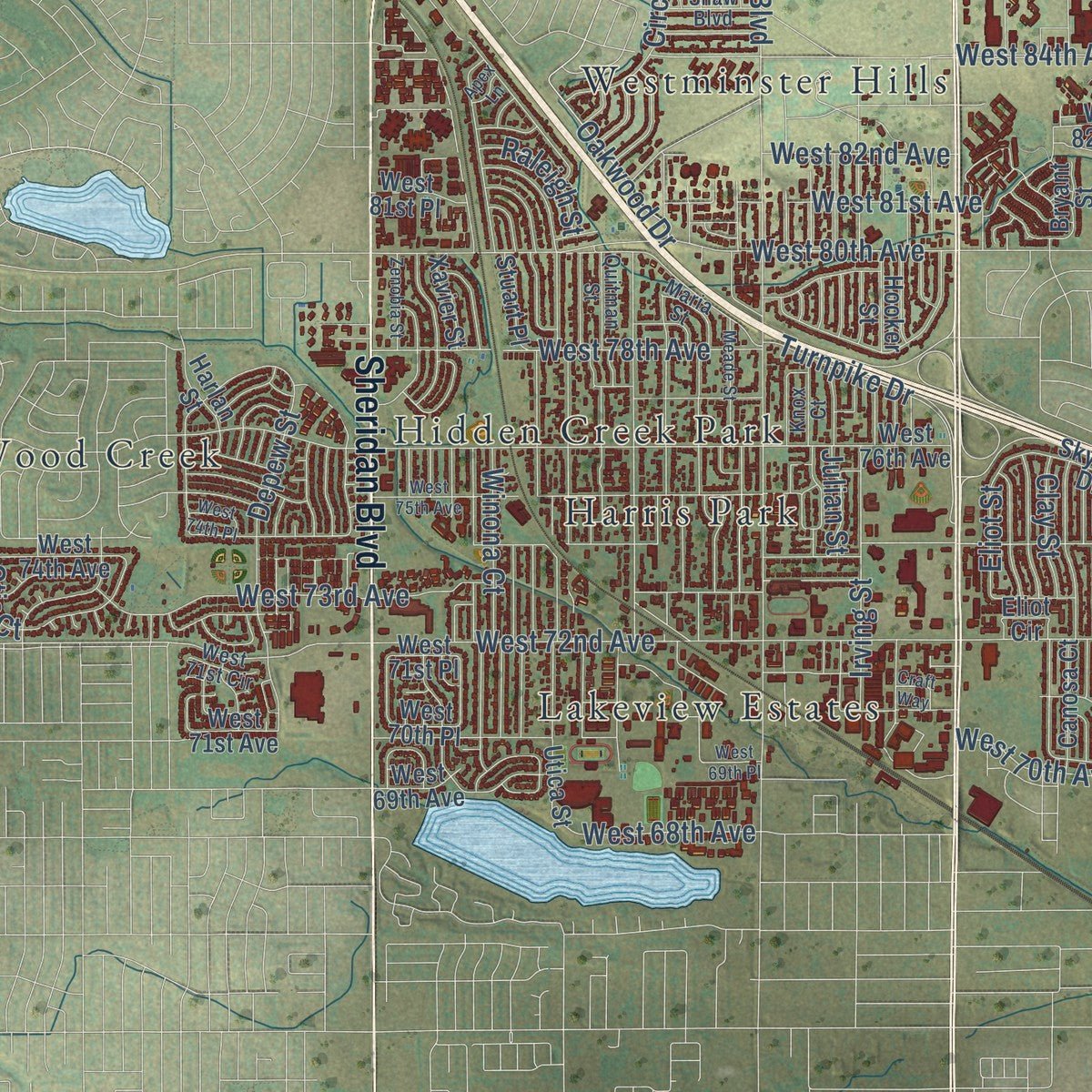 Second close-up of the map of Westminster, Colorado print showing more streets and buildings
