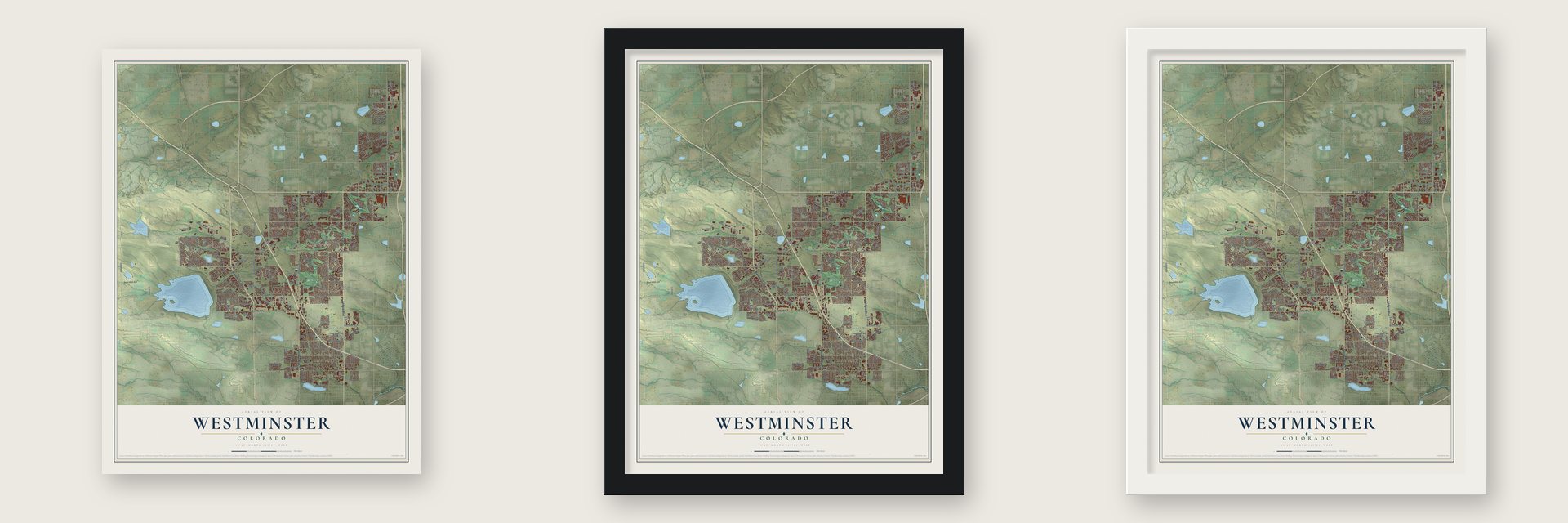 Westminster, Colorado map unframed, in a black wood frame and in a white wood frame