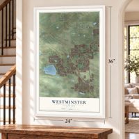 Westminster, Colorado map, 24 x 36 inch print in a white frame by a staircase