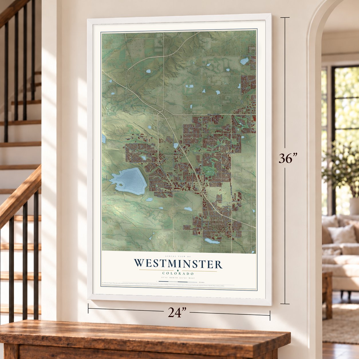 Westminster, Colorado map, 24 x 36 inch print in a white frame by a staircase