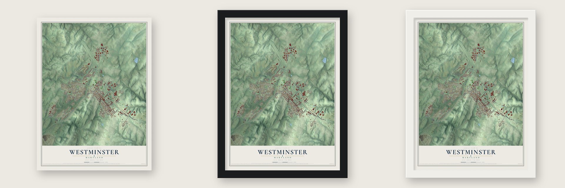 Westminster, Maryland map unframed, in a black wood frame and in a white wood frame