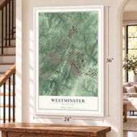 Westminster, Maryland map, 24 x 36 inch print in a white frame by a staircase