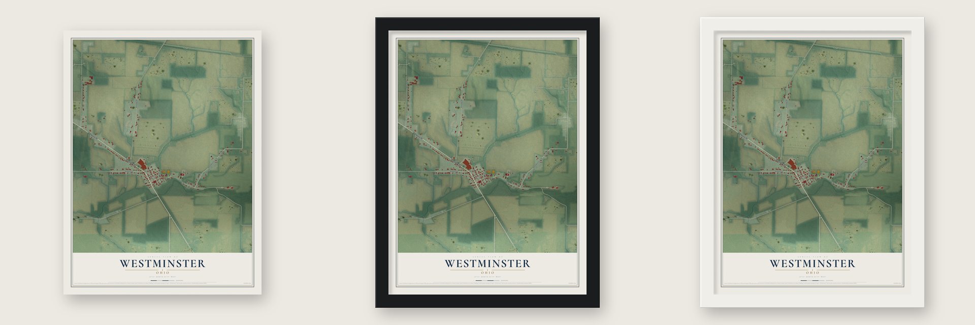 Westminster, Ohio map unframed, in a black wood frame and in a white wood frame