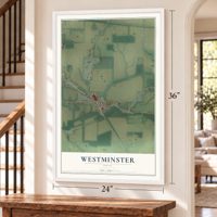 Westminster, Ohio map, 24 x 36 inch print in a white frame by a staircase