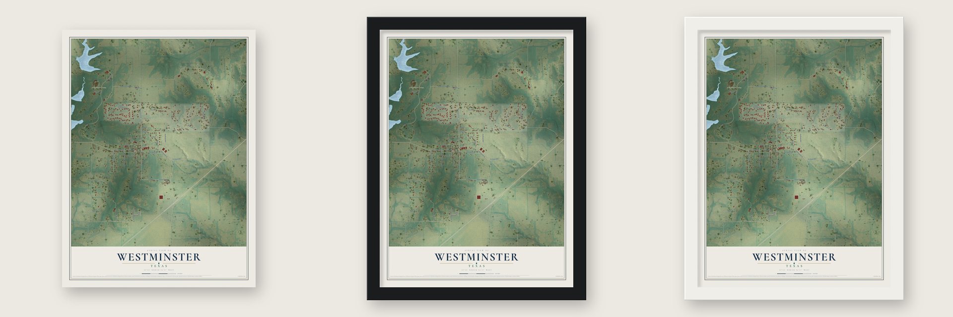 Westminster, Texas map unframed, in a black wood frame and in a white wood frame