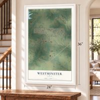 Westminster, Texas map, 24 x 36 inch print in a white frame by a staircase
