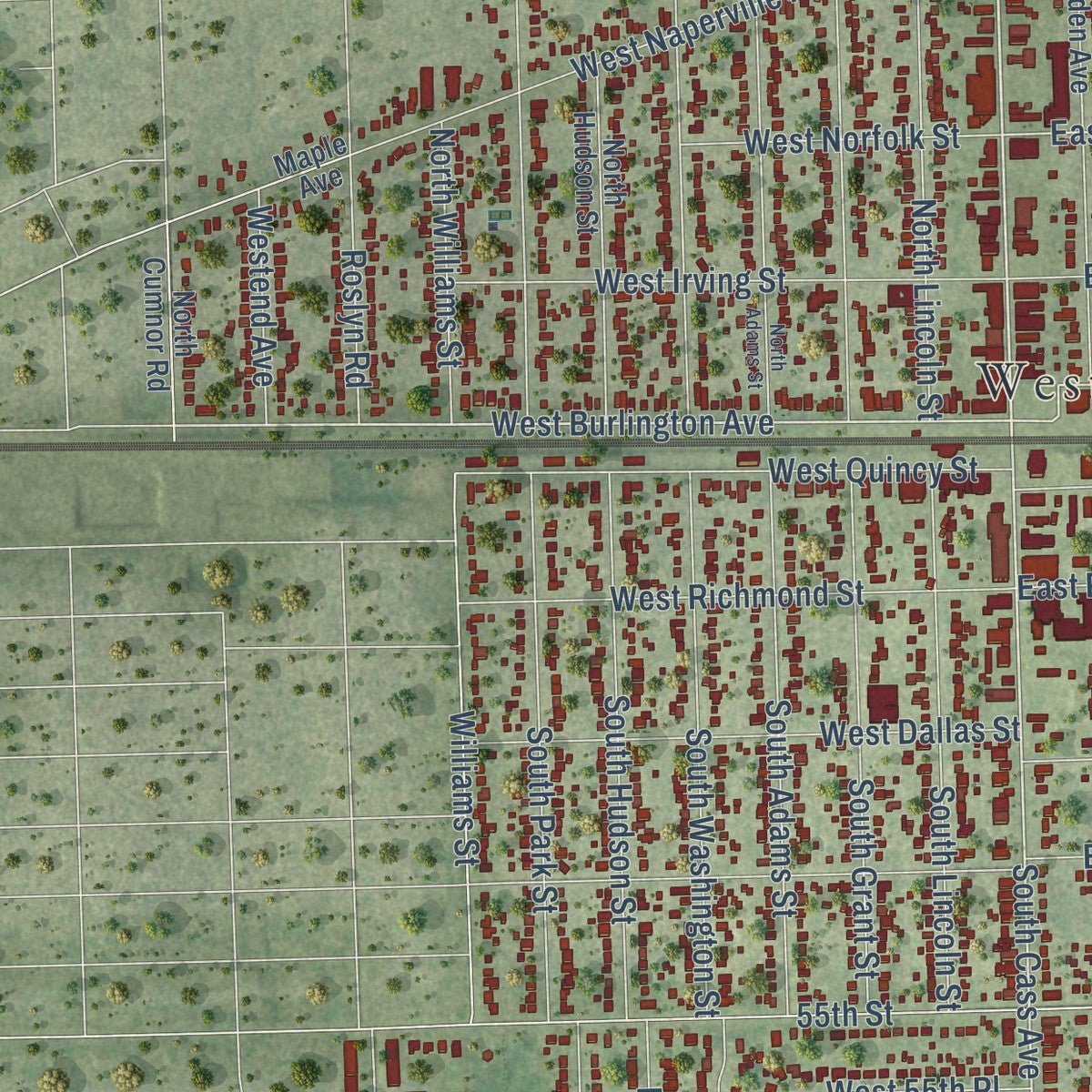 Second close-up of the map of Westmont, Illinois print showing more streets and buildings