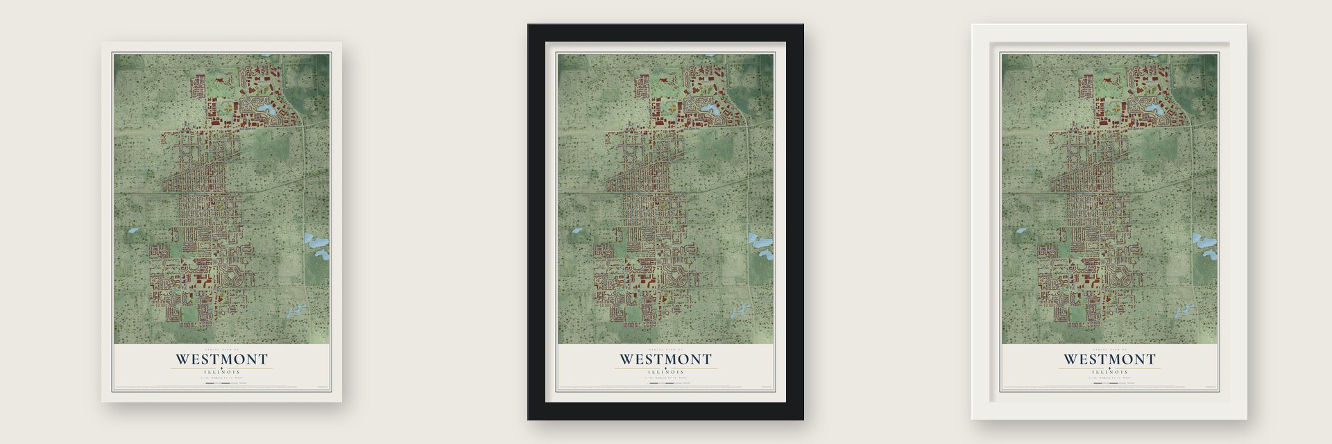 Westmont, Illinois map unframed, in a black wood frame and in a white wood frame